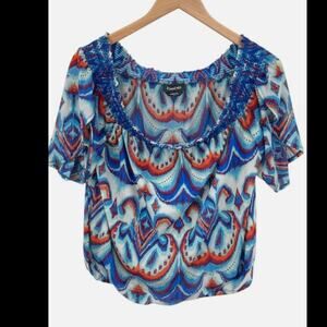 Bebe Abstract Ikat Print Smocked Neck Blouse #109